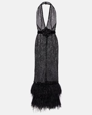 Dolce & Gabbana Feather-Trimmed Sequined Sheer Gown - Black