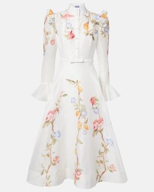 LEO LIN Selina Floral Ruffled Linen-Blend Midi Dress - White