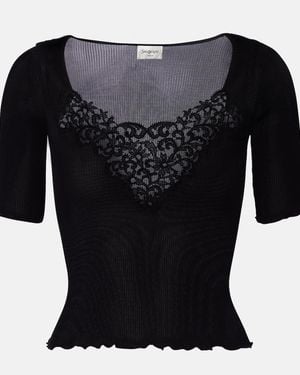 Saint Laurent Lace-Trimmed Ribbed-Knit Silk Top - Black