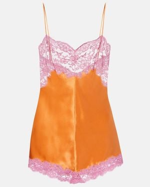 Saint Laurent Body De Saten De Seda Con Encaje - Naranja