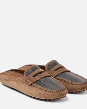 Brunello Cucinelli Monili Suede Driving Mules - Brown