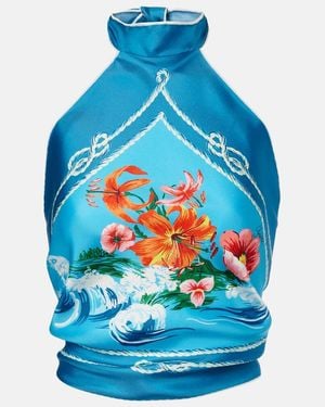 Gucci Printed Silk Twill Top, Size S, Ready-To-Wear - Blue