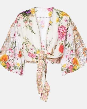 CAMILLA Floral Tie-Front Linen Crop Top - White