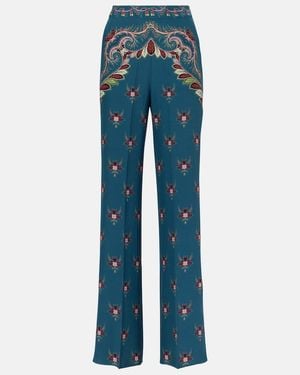 Etro Floral Printed Silk Flared Trousers - Blue