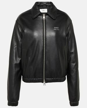 Ami Paris Logo-Lettering Leather Bomber Jacket - Black