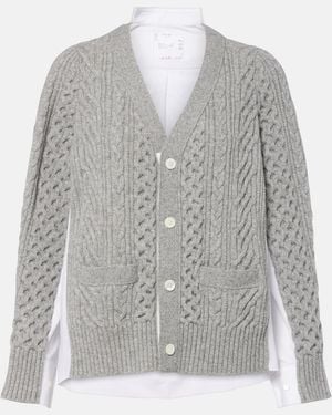 Sacai Cable-Knit Wool And Poplin Cardigan - Grey