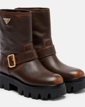 Prada Logo Leather Biker Boots - Brown