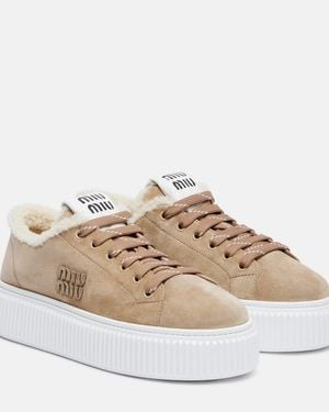 Miu Miu Shearling-Lined Suede Platform Trainers - Natural