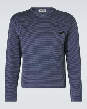 Miu Miu Striped Cotton Jersey Jacquard T-Shirt - Blue