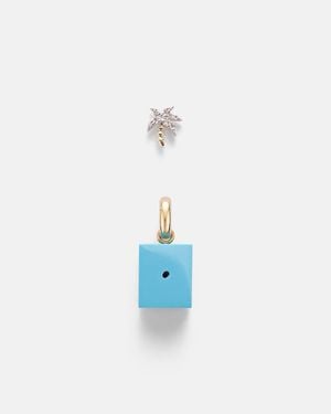 Yvonne Léon Set Aus Einzelnem Ohrring Palmier Aus 9Kt Gelbgold Und Diamanten Und Anhaenger Le Cubo Mit Tuerkis - Blau