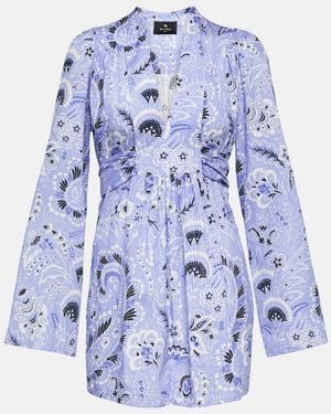 Etro V-Neck Printed Cotton-Blend Minidress - Blue
