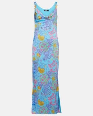Versace Underwater Barocco Draped Jersey Gown - Blue