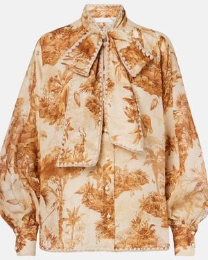 Zimmermann Indra Printed Tie-Neck Ramie Blouse - Brown