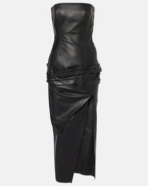 The Attico Draped Strapless Leather Midi Dress - Black