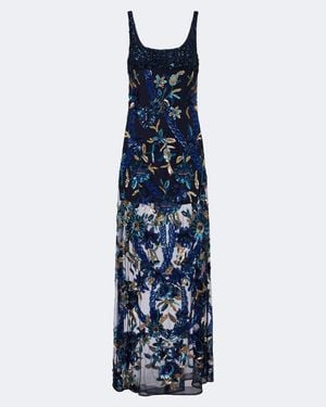 La Fuori Vestido De Fiesta De Malla Floral Adornado - Azul