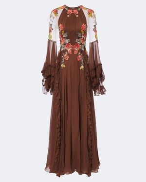 Costarellos Embellished Floral-Applique Silk Gown - Brown