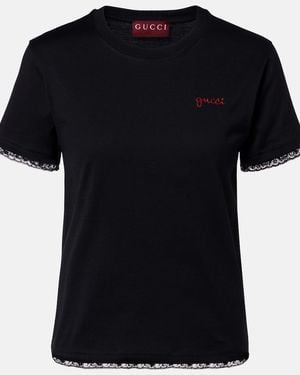 Gucci Embroidered Lace-Trimmed Cotton Jersey T-Shirt - Black
