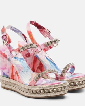 Christian Louboutin Pyra Clou Studded Floral Chine Espadrille Wedges - Pink