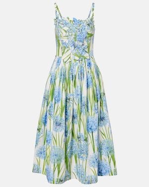 Oscar de la Renta Pleated Floral-Print Cotton-Blend Poplin Midi Dress - Blue