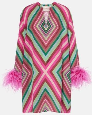 Valentino Feather-Trimmed Silk Crepe De Chine Minidress - Pink