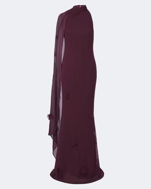 Self-Portrait Floral-Applique Scarf-Detail Gown - Purple