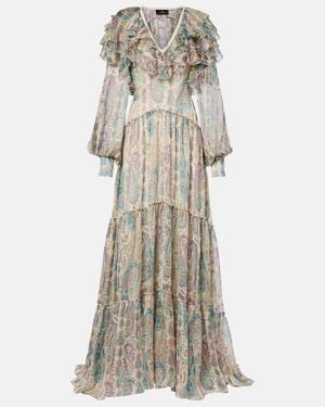 Etro Ruffled Printed Silk Maxi Dress - Grey