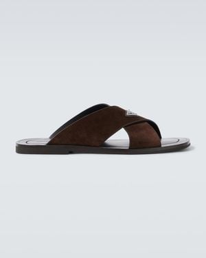 Prada Logo Suede And Leather Sandals - Brown
