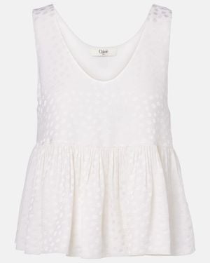Chloé Polka-Dot Peplum Silk Top - White