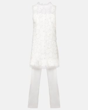 Self-Portrait Bridal Bow-Detail Beaded Satin Minidress - White