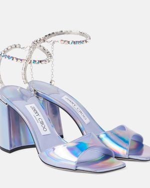 Jimmy Choo Saeda 85 Embellished Metallic Leather Sandals - Blue