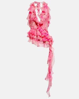 Alessandra Rich Crystal-Embellished Ruffled Silk Top - Pink