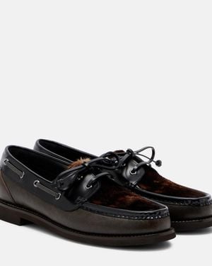 Brunello Cucinelli Monili Calf Hair-Trimmed Leather Boat Shoes - Black