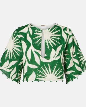 Cala De La Cruz Iris Beaded Printed Linen Crop Top - Green