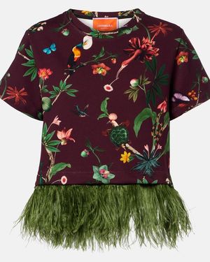 La DoubleJ La Scala Feather-Trimmed Printed Cotton T-Shirt - Red