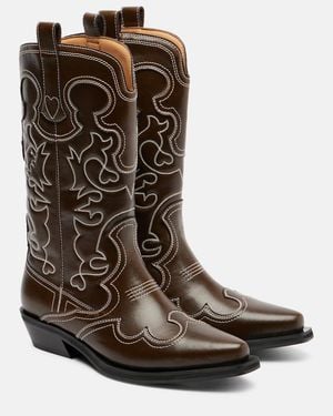 Ganni Mid Shaft Embroidered Cowboy Boots - Brown