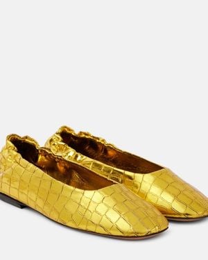 Dries Van Noten Metallic Croc-Effect Leather Ballet Flats - Yellow