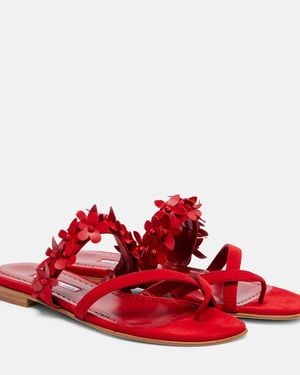 Manolo Blahnik Fiosa Floral-Applique Suede Sandals - Red