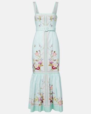 Self-Portrait Belted Floral Linen And Cotton Maxi Dress - Blue
