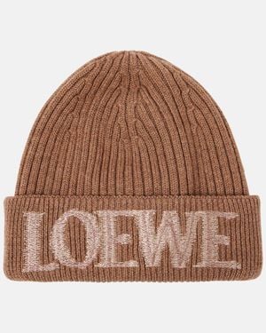 Loewe Logo Ribbed-Knit Wool-Blend Beanie - Brown