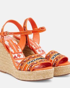 Dolce & Gabbana Floral Embroidered Espadrille Wedges - Orange