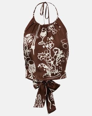 Asceno Bello Printed Halterneck Silk Crop Top - Brown