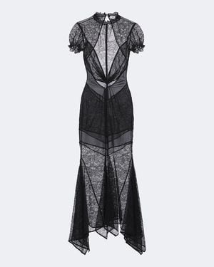 The Attico Semi-Sheer Asymmetric Lace Midi Dress - Black