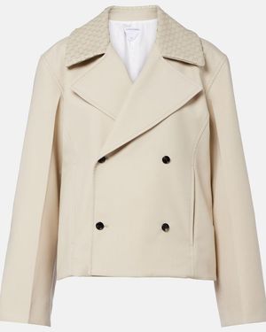 Bottega Veneta Intrecciato Striped Wool And Cotton Peacoat - Natural