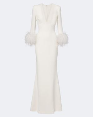 Elie Saab Feather-Trimmed Cady Gown - White