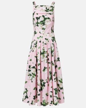 Carolina Herrera Floral Pleated Cotton-Blend Midi Dress - White