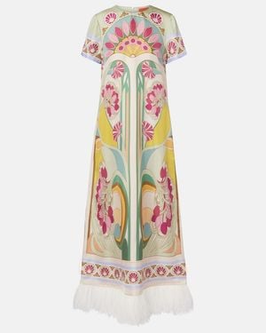 La DoubleJ Swing Feather-Trimmed Silk Twill Maxi Dress - White