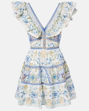 CAMILLA Embellished Floral Linen Minidress - Blue