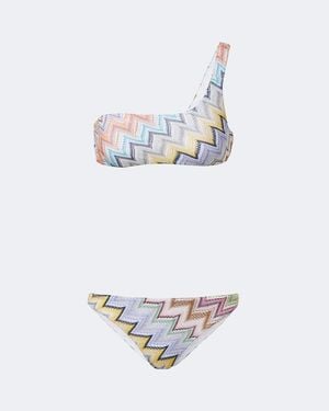 Missoni Zigzag One-Shoulder Lame Bikini - White