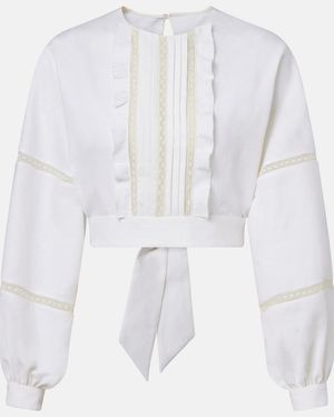 Valentino Cropped-Bluse Aus Leinen Mit Spitze - Weiß