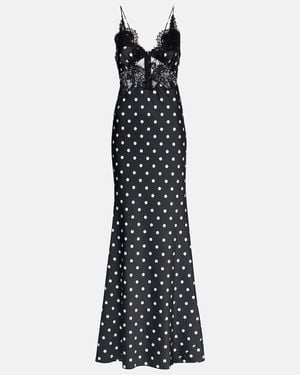 Self-Portrait Polka-Dot Lace-Trimmed Satin Gown - Black